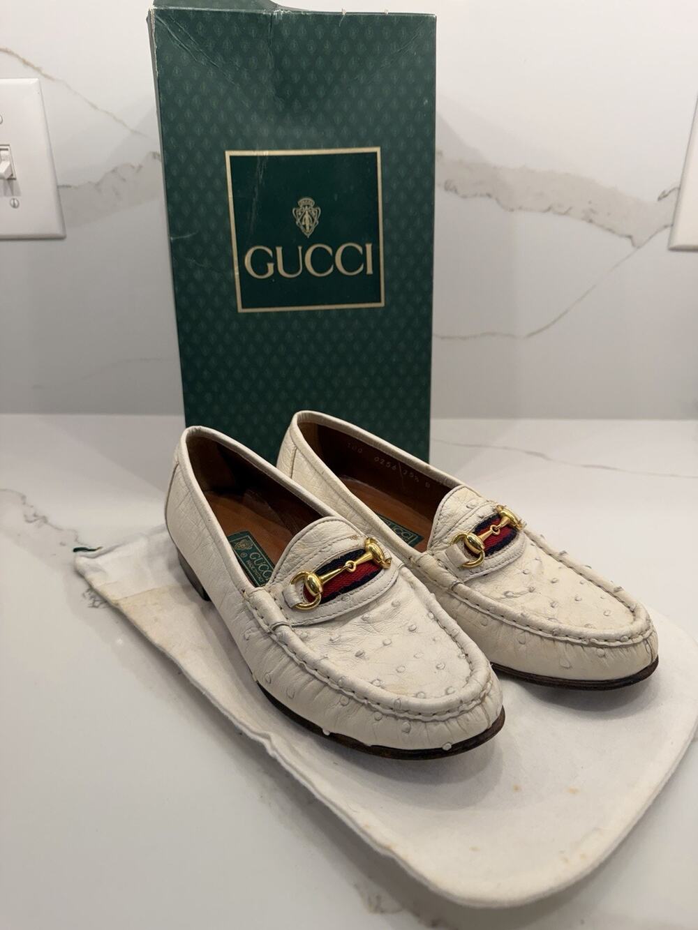 Vintage Gucci Ostrich Leather Horsebit Loafers 35.5 B White Web Made Italy